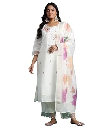 Buy INDO ERA Women's Silk Blend Floral Embroidered Straight Kurta ...