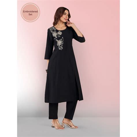 Buy Likha Black Poplin Placement Embroidered Straight Kurta with Front ...