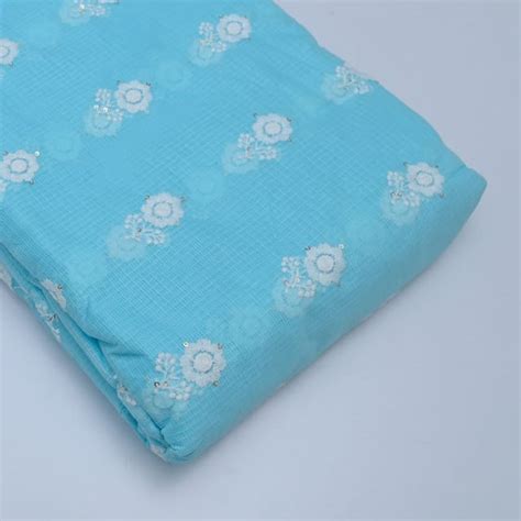 Premium Firozi Colour Kota Doria Embroidered Fabric Fabric for ...