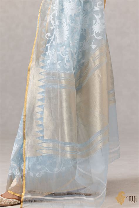 Pre-Order: Blue Pure Kora Silk Net Banarasi Handloom Saree - Tilfi