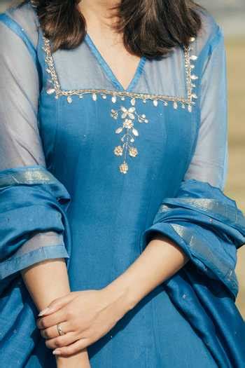 Buy Blue Organza, Chanderi, Georgette, Cotton Silk Asymmetric Anarkali ...