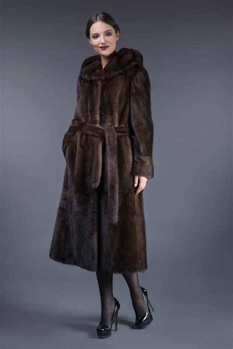 Natural Brown Mink Fur Hooded Coat Tied with Belt | Handmade by NordFur
