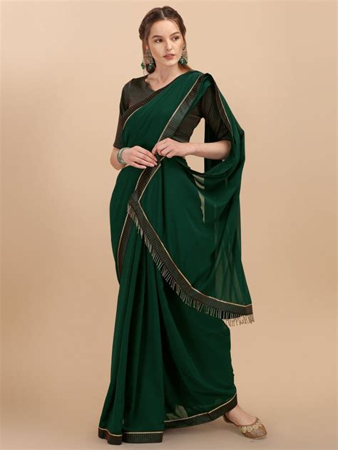 Bottle Green & Gold-Toned Solid Woven Design Saree– Inddus.in