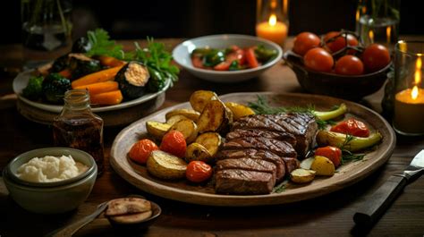 rustic grilled meat and vegetable meal on wooden table 32945570 Stock ...