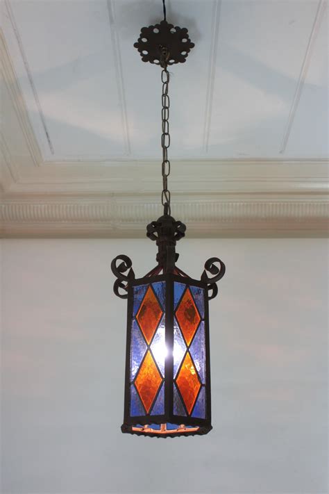 Spanish Hexagonal Lantern in Iron and Orange Blue Glasses For Sale at ...