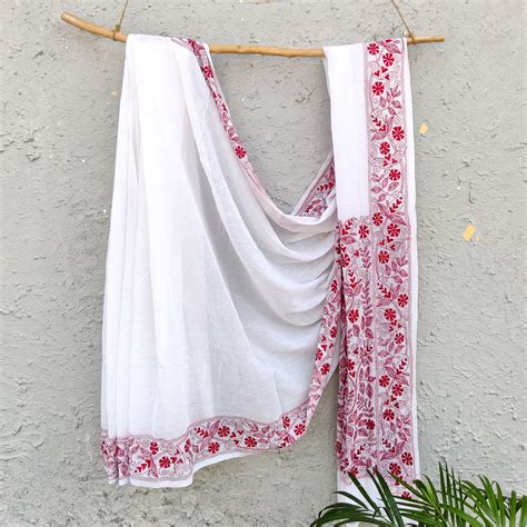 SUI DHAGA - Pure Bengal Mul Cotton Handmade Kaatha Work Saree White wi ...