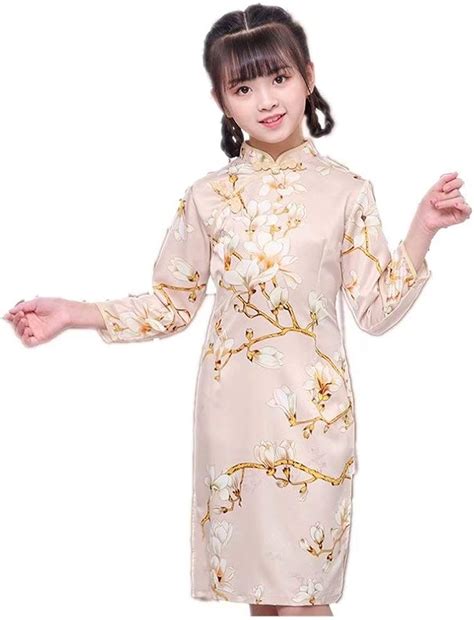 Buy Silk Girl Qipao Dress Soft Floral Long Girls Full Dresses Cheongsam ...