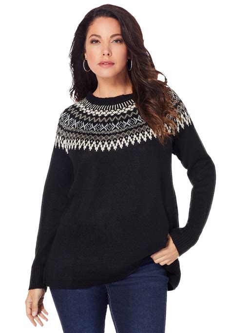 Roaman's Women's Plus Size Fair Isle Pullover Sweater - 14/16, Black ...
