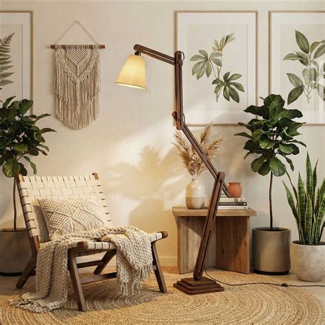 Hydra Wooden Floor Lamp with Brown Base and Jute Fabric Lampshade