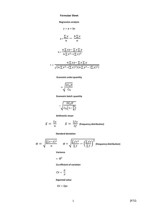 FMA (MA) formula sheet - 1 [P.T. Formulae Sheet Regression analysis y ...