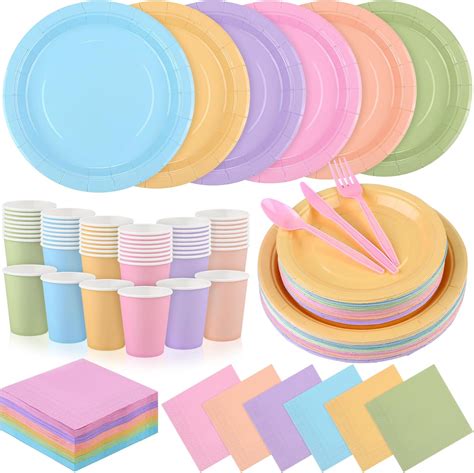 durony 360 Pieces Pastel Rainbow Disposable Party Supplies Serves 48 ...