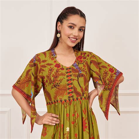 Buy Olive Green Gathered Dress with Flutter Sleeves | Rustorange
