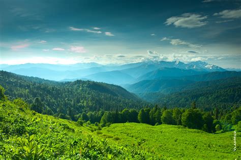 Горный фото пейзаж Лаго-Наки: горы вдали, леса у подножия гор и луга