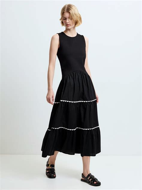French Connection Kaylie Ric Rac Midi Dress, Black/Cream