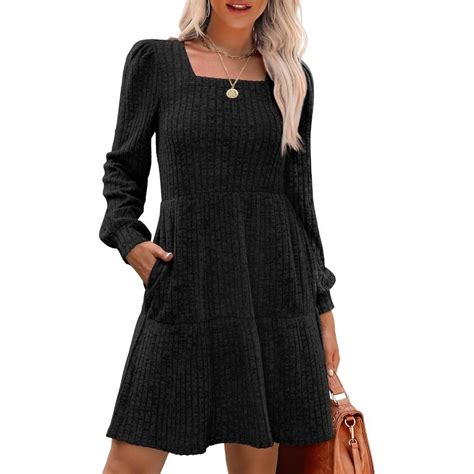 Women Black Square Neck Long Sleeve Fall Dresses Casual Babydoll ...