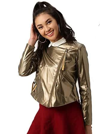 Buy DressBerry Women Bronze-Toned Solid Biker Jacket (Size Large, to ...