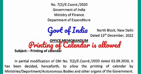Central Government (CG) allowed Printing of Calendar by Ministries and ...