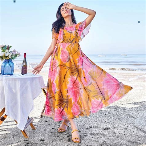 Mustard Digital Floral Printed Chiffon Maxi Dress