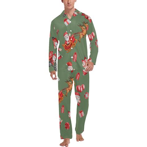 Men's Long Pajama Set Santa Christmas Green Men's V-Neck Long Pajama ...