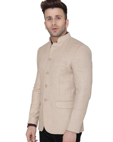 Buy Beige WINTAGE Chevron-Woven Blazer with Stand Collar | AJIO