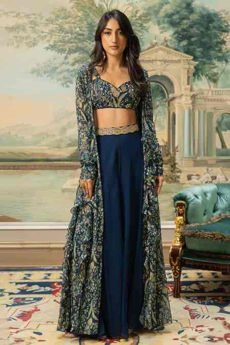 Buy Blue Georgette Sequins, Embroidery Round Neck, Floral Pattern ...