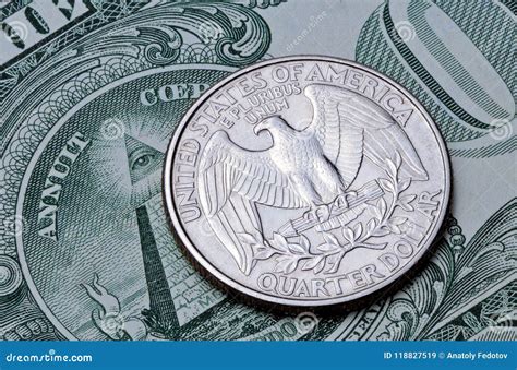US Coin Quarter Dollar on One Dollar Bill. Stock Image - Image of ...