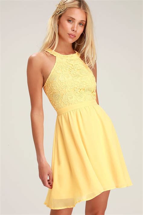 Lover's Game Light Yellow Lace Skater Dress | Light yellow dresses ...