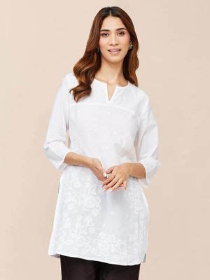 Buy Fabindia White Cotton Chikankari Slim Fit Short Kurti Online