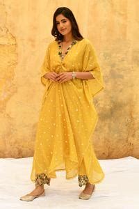 Buy Yellow Silk, Bamboo Embroidery V-neck 3d Rosette Motif Kaftan With ...