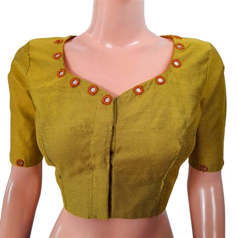 Textured Art Silk Y neck Blouse with Mirror Work Details & Lining, Lem ...