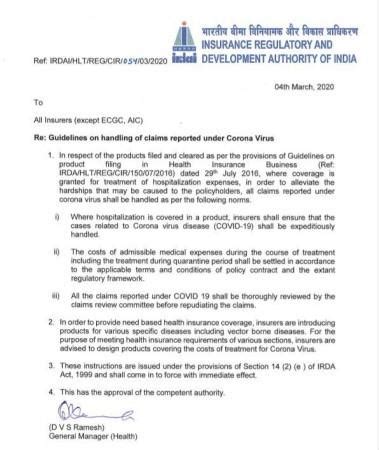 IRDA directs medical Insurers to include medical cover for COVID-19 in ...
