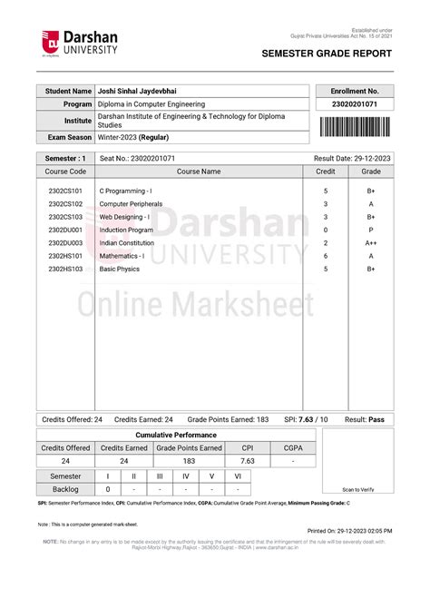 Grade Sheet 230202010 71 - Semester : 1 Seat No.: 23020201071 Result ...