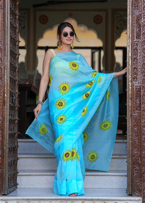 Hand Painted Sunflower Organza Saree – Sanjoni