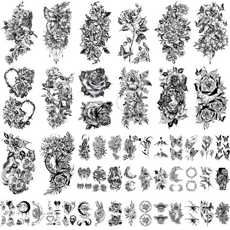 49 Sheets Large Flower Temporary Tattoo Butterfly Bee Crescent Moon ...