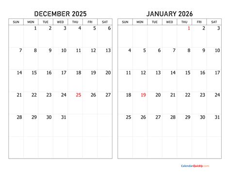 December 2026 January 2026 Calendar With Holidays Printable