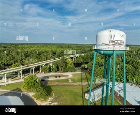 Aerial of Conway, small town on a bluff overlooking the Waccamaw River ...
