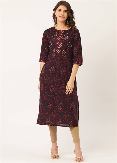 Get Navy Blue & Red Cotton Printed Straight Kurta at ₹ 1049 | LBB Shop