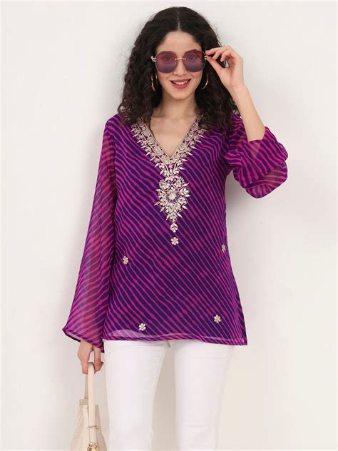 Purple Leheriya Gotta Patti Work Geogratte V Neck Top – Atha Fashion