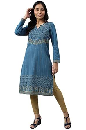 Buy Aurelia Women Faience Cotton Blend Floral Yarn Dyed Straight Kurta ...