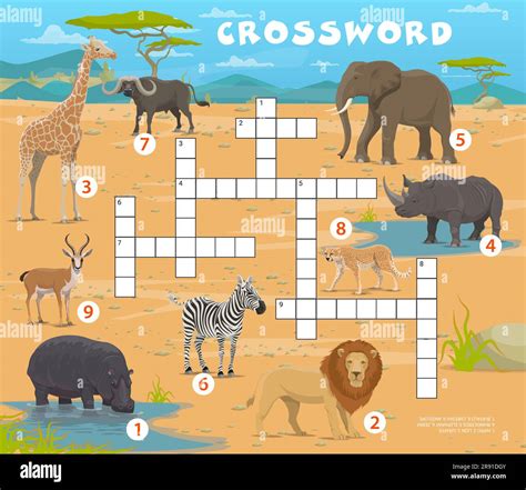 Crossword quiz game African savannah safari animals, vector worksheet ...
