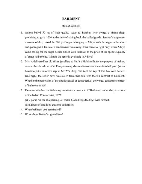 Bailment - SDVSADDFWRD - BAILMENT Mains Questions Aditya bailed 50 kg ...