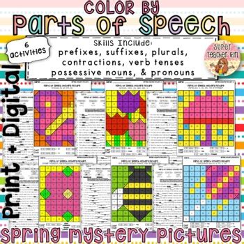 Spring Color by Parts of Speech Mystery Pictures with Worksheets Print ...
