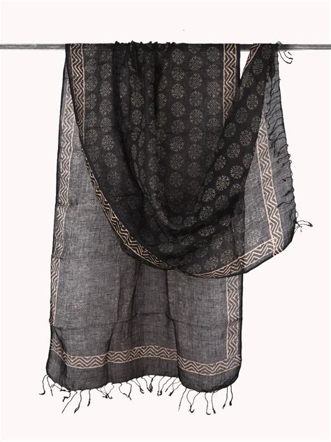 Black Hand Block Print Pure Linen Dupatta – Desi Weaves
