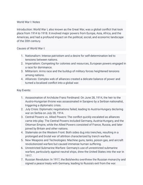 World War I Notes - World War I: Notes Introduction: World War I, also known as the Great War ...
