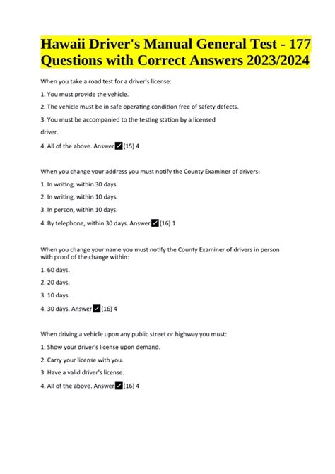 Hawaii Driver's Manual General Test - 177 Questions with Correct ...