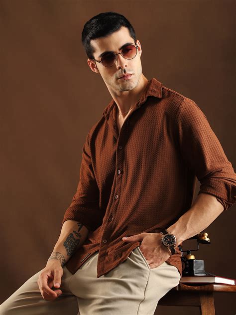₹949 | Campus Sutra Men's Chocolate Brown Gridveil-Tactile Shirt ...