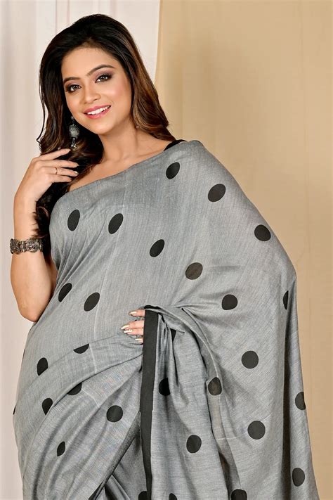 Grey Pure Cotton Tip Hand Loom Saree (1301) | PuJoy Fashion