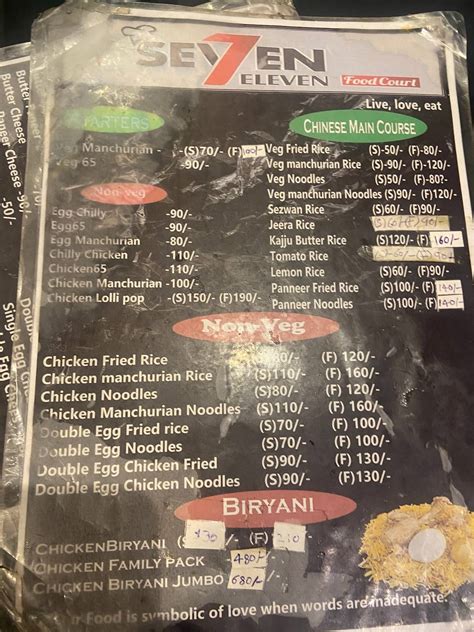 Menu at Seven eleven, Hyderabad
