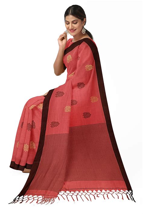 Terracotta & Black Soft Cotton Handloom Saree With Solid Black Border ...