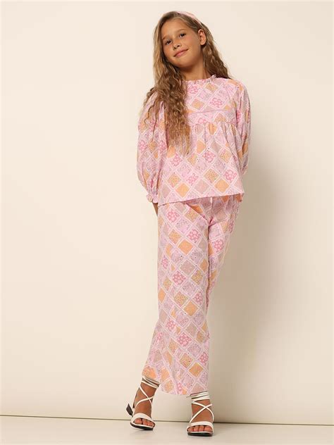 Girls Pink Schiffli Co-ord Set Pants